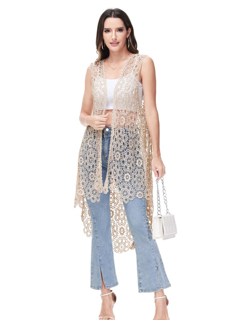 Anna-Kaci Boho Crochet Long Vest Top for Women Sleeveless Lace Cardigan Kimono Swimwear Cover Ups,One Size,Brown - Image 5