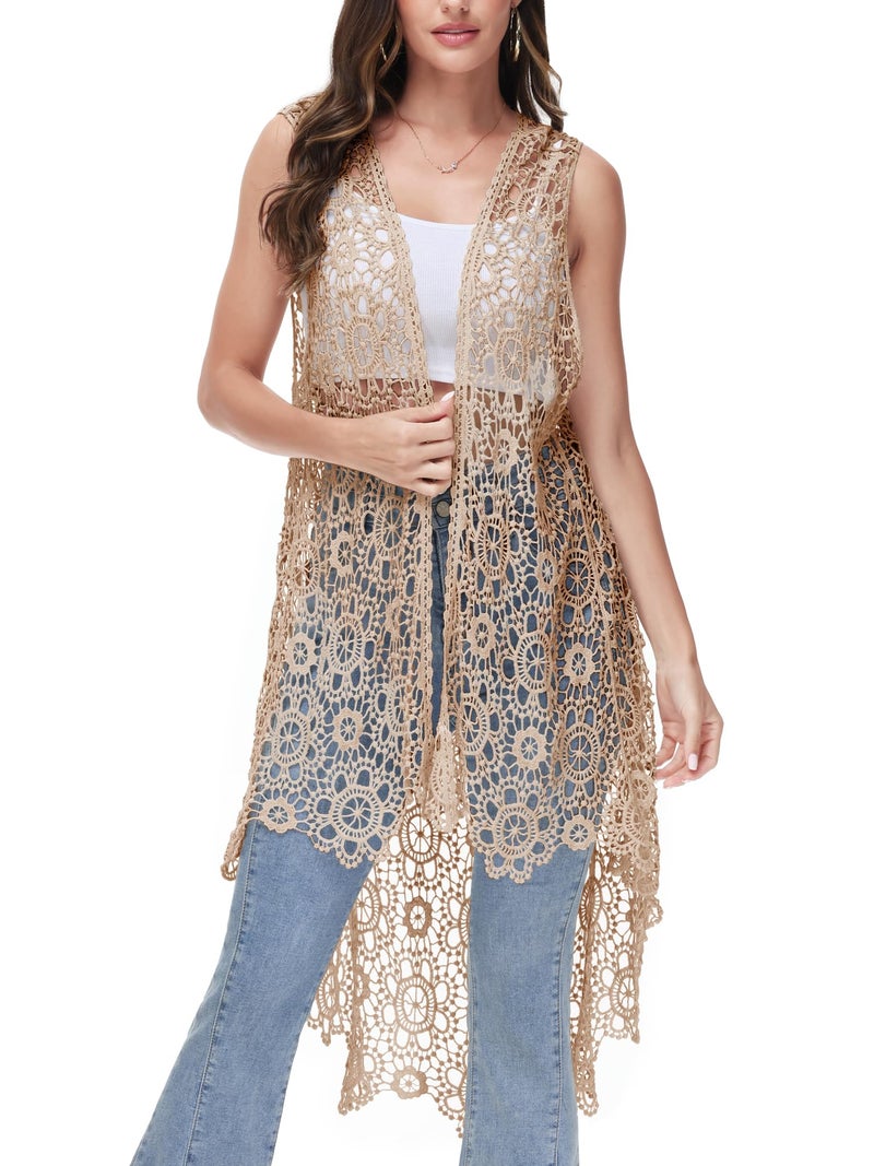 Anna-Kaci Boho Crochet Long Vest Top for Women Sleeveless Lace Cardigan Kimono Swimwear Cover Ups,One Size,Brown - Image 2
