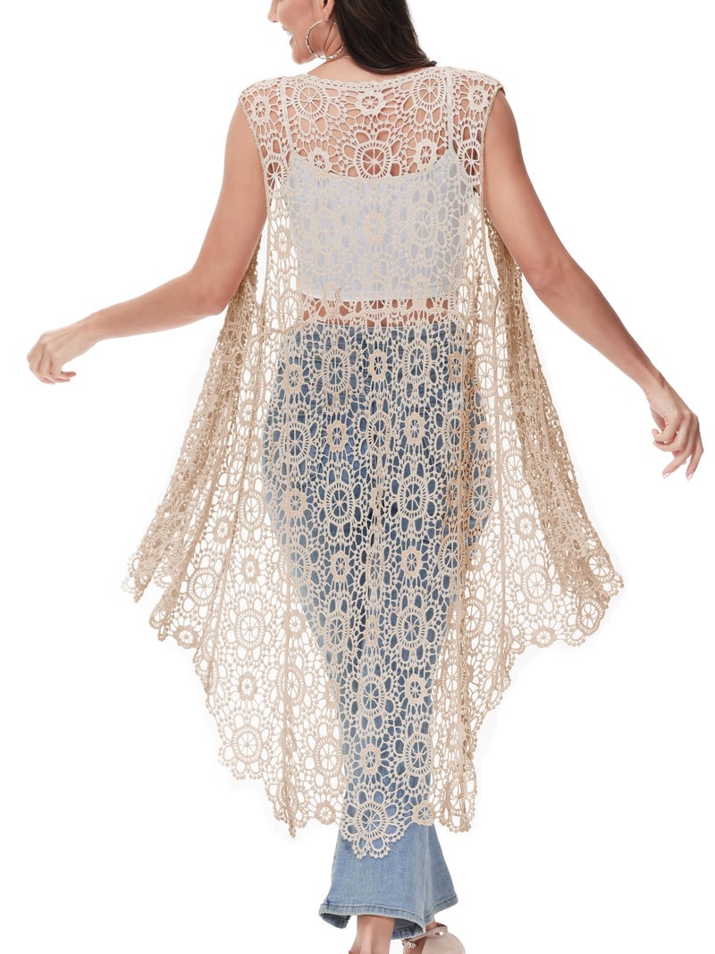 Anna-Kaci Boho Crochet Long Vest Top for Women Sleeveless Lace Cardigan Kimono Swimwear Cover Ups,One Size,Brown - Image 3