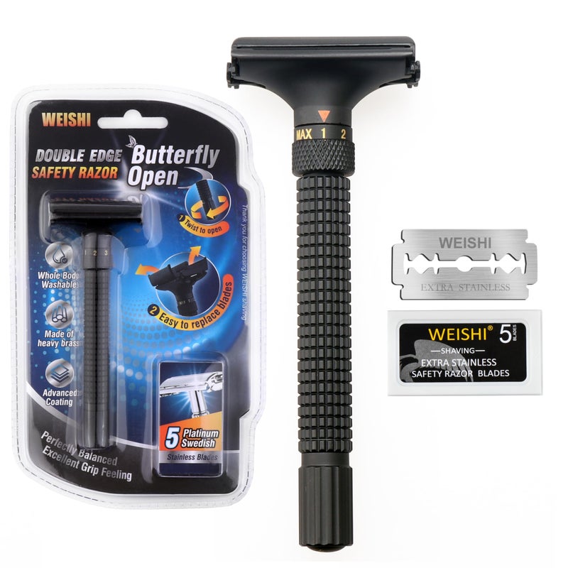 WEISHI Butterfly Open Double Edge Safety Razor Nostalgic Adjustable Matte Black - Image 1