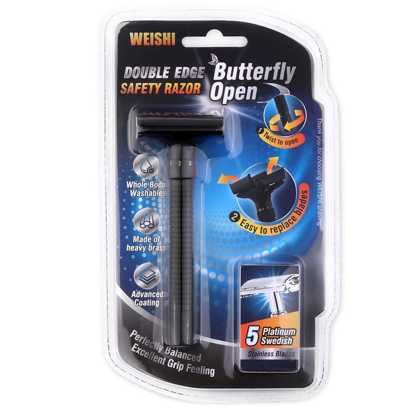 WEISHI Butterfly Open Double Edge Safety Razor Nostalgic Adjustable Matte Black - Image 2
