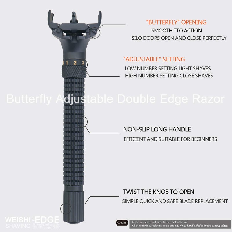 WEISHI Butterfly Open Double Edge Safety Razor Nostalgic Adjustable Matte Black - Image 3