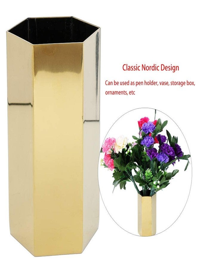 Jwthee 2pcs Pencil Holders, Gold Pencil Holder for Desk Gold Vase Six Sided Pencil Cup Stainless Steel Makeup Brush Storage Container Flower Vase Desktop Organizers - Image 5