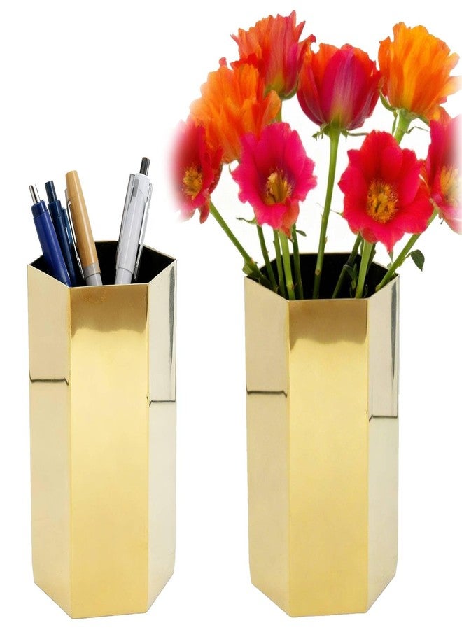Jwthee 2pcs Pencil Holders, Gold Pencil Holder for Desk Gold Vase Six Sided Pencil Cup Stainless Steel Makeup Brush Storage Container Flower Vase Desktop Organizers - Image 1
