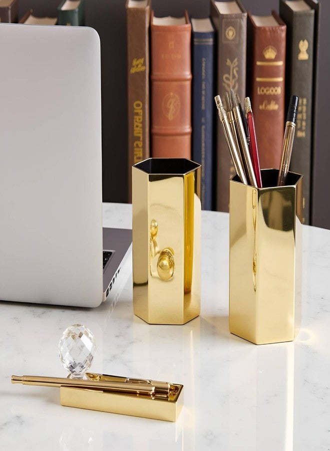 Jwthee 2pcs Pencil Holders, Gold Pencil Holder for Desk Gold Vase Six Sided Pencil Cup Stainless Steel Makeup Brush Storage Container Flower Vase Desktop Organizers - Image 2