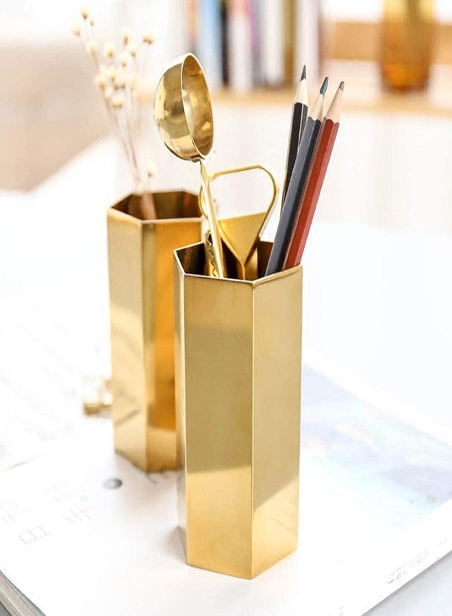 Jwthee 2pcs Pencil Holders, Gold Pencil Holder for Desk Gold Vase Six Sided Pencil Cup Stainless Steel Makeup Brush Storage Container Flower Vase Desktop Organizers - Image 3
