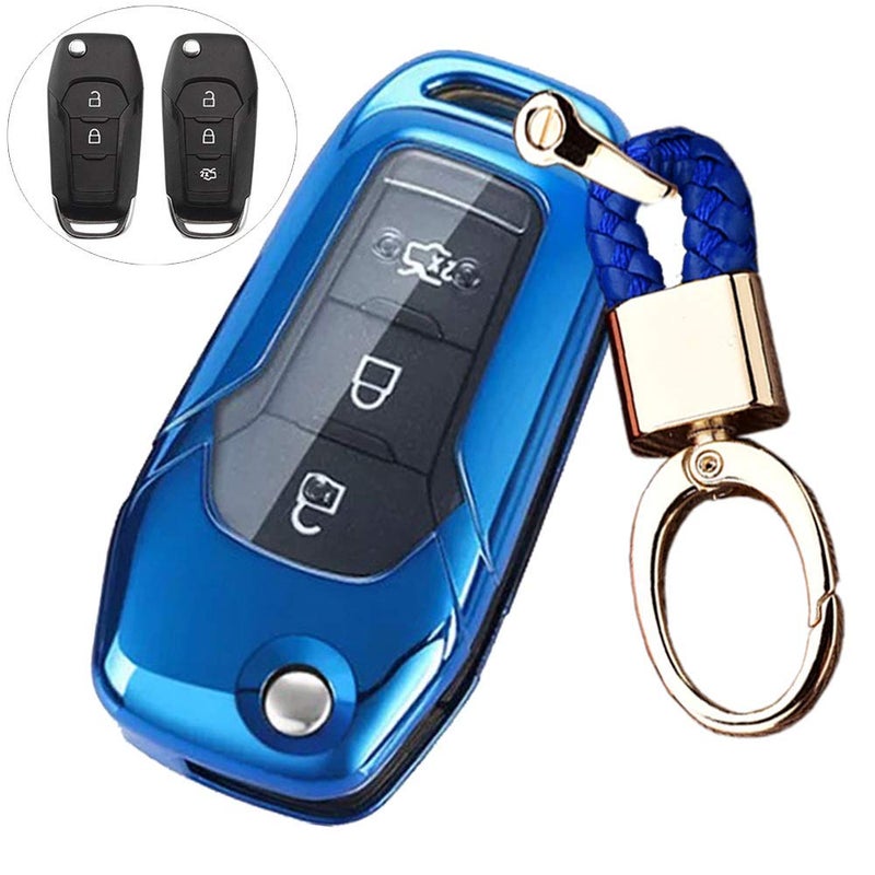 ROYALFOXTM 2 3 Buttons Soft TPU flip Remote Key Fob case Cover for 2015 2016 2017 2018 2019 Ford F150 F250Focus 3 Escort Kuga Everest Fiesta Mustang Edge MKV Fusion 2016 Ranger Blue