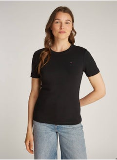 TOMMY HILFIGER Women's Flag Embroidery Slim Fit T-Shirt -  Pure cotton, Black  - Image 1