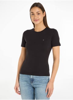 TOMMY HILFIGER Women's Flag Embroidery Slim Fit T-Shirt -  Pure cotton, Black  - Image 2