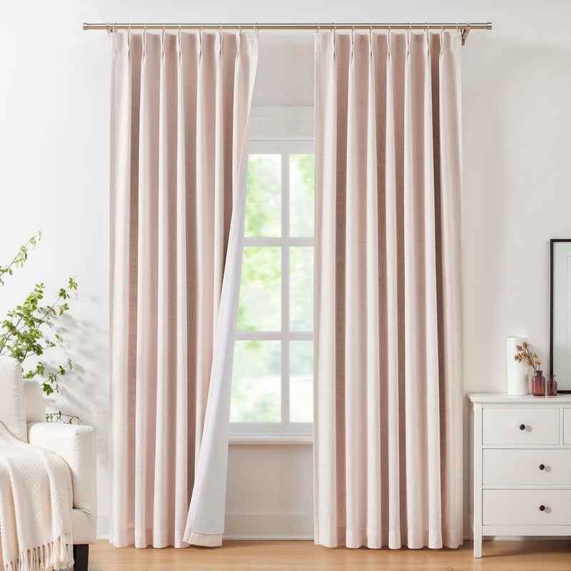 Central Park Pinch Pleated Blackout Curtain Panels with Full Blackout Liner Linen Texture Window Treatment Sets with Back Tab for Living Room Bedroom Thermal Insulated Drape with 9 Hooks, 40"x95"x2, Pink - Image 1