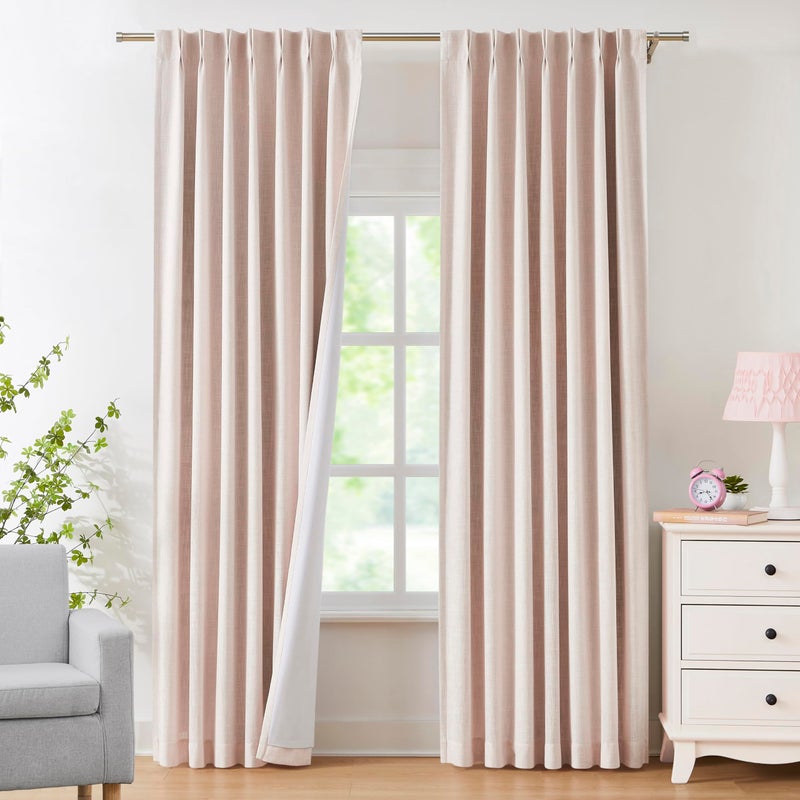 Central Park Pinch Pleated Blackout Curtain Panels with Full Blackout Liner Linen Texture Window Treatment Sets with Back Tab for Living Room Bedroom Thermal Insulated Drape with 9 Hooks, 40"x95"x2, Pink - Image 3