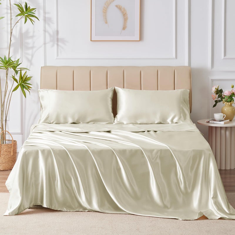 CozyLux Satin Sheets Queen Size - 4 Piece Beige Bed Sheet Set with Silky Microfiber  1 Deep Pocket Fitted Sheet  1 Flat Sheet  and 2 Pillowcases - Smooth and Soft - Image 2