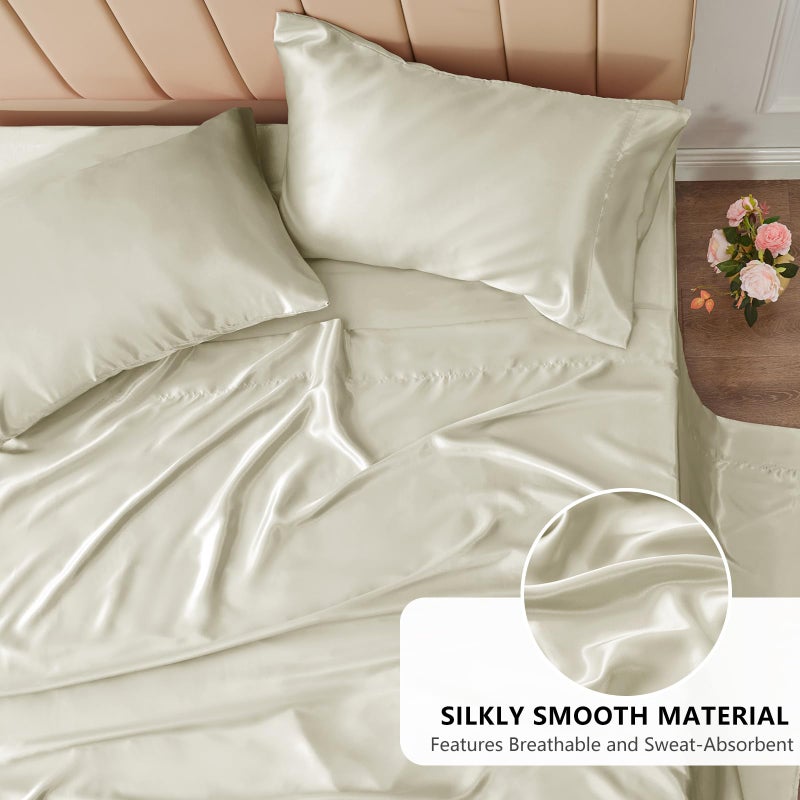 CozyLux Satin Sheets Queen Size - 4 Piece Beige Bed Sheet Set with Silky Microfiber  1 Deep Pocket Fitted Sheet  1 Flat Sheet  and 2 Pillowcases - Smooth and Soft - Image 3