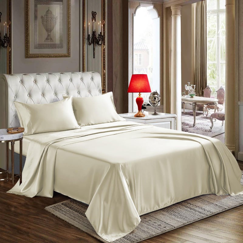 CozyLux Satin Sheets Queen Size - 4 Piece Beige Bed Sheet Set with Silky Microfiber  1 Deep Pocket Fitted Sheet  1 Flat Sheet  and 2 Pillowcases - Smooth and Soft - Image 1