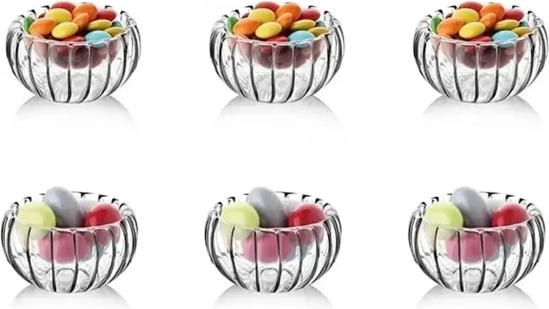 Safestore 6-Piece Double Walled Optical-Striped-Wicked Mini Sauce Bowl Dragee Bowl Turkish Delight Bowl Presentation Bowl