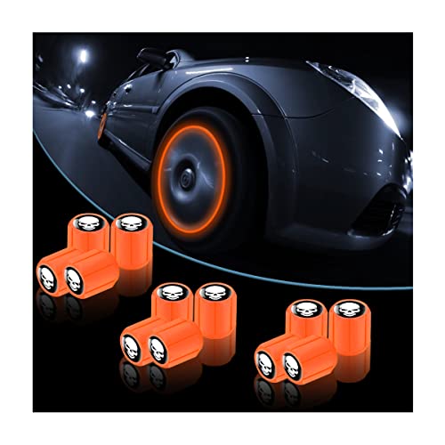 YALOK 12PCS Fluorescent Skull Car Tire Valve Stem Caps ABS Corrosion Resistant Wheel Valve Cover Luminous Illuminated Cap Glow in The Dark Auto Decor Accessories for Motorcycles Bicycles OrangeWhite - Image 1