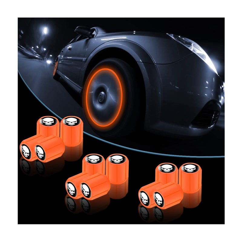 YALOK 12PCS Fluorescent Skull Car Tire Valve Stem Caps ABS Corrosion Resistant Wheel Valve Cover Luminous Illuminated Cap Glow in The Dark Auto Decor Accessories for Motorcycles Bicycles OrangeWhite - Image 3
