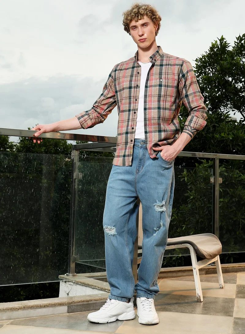 Campus Sutra Men's Slim Fit Tartan Check Cotton Polyester Blend Shirt