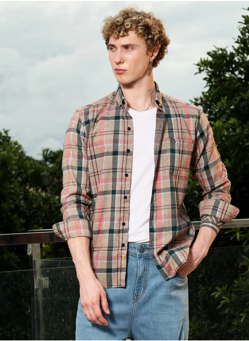 كامبوس سوترا Men's Slim Fit Tartan Check Cotton Polyester Blend Shirt