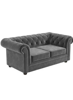 Maharat Al Bahar 2 Seat Chesterfield Tufted Jewel Toned Velvet Sofa With Scroll Arms, Grey 160x90x80  - Image 2