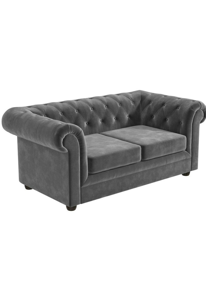 Maharat Al Bahar 2 Seat Chesterfield Tufted Jewel Toned Velvet Sofa With Scroll Arms, Grey 160x90x80  - Image 2