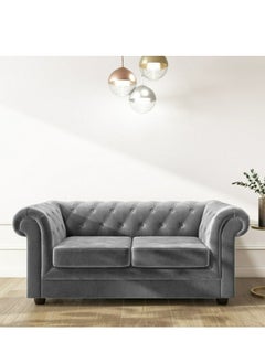 Maharat Al Bahar 2 Seat Chesterfield Tufted Jewel Toned Velvet Sofa With Scroll Arms, Grey 160x90x80  - Image 1