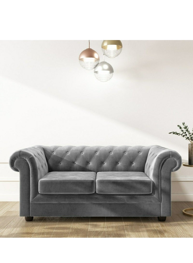 Maharat Al Bahar 2 Seat Chesterfield Tufted Jewel Toned Velvet Sofa With Scroll Arms, Grey 160x90x80  - Image 1