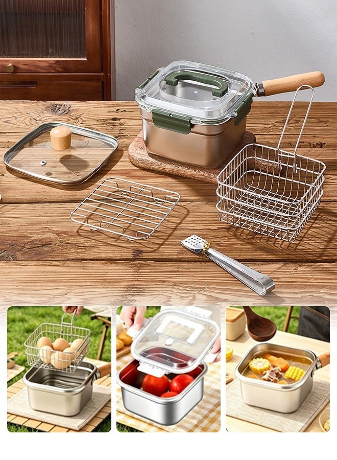 Stainless Steel Deep Fryer,Portable Cooking Pot with Frying Basket and Detachable Handle,Multi-Functional Food Container for Outdoor - Image 1