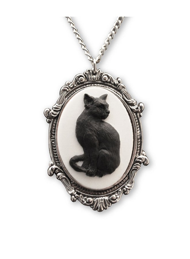 Real Metal Black Cat Cameo In Antique Silver Finish Pewter Frame Pendant Necklace - Image 1