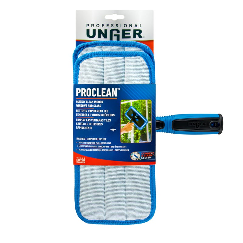 UNGER ProClean Connect and Clean Indoor Window Cleaning Kit, Washing Tool with Swivel Head for Tight Corners and Edges, Streak-Free Results on Glass and Mirrors, Reusable Microfiber Pads - Image 5