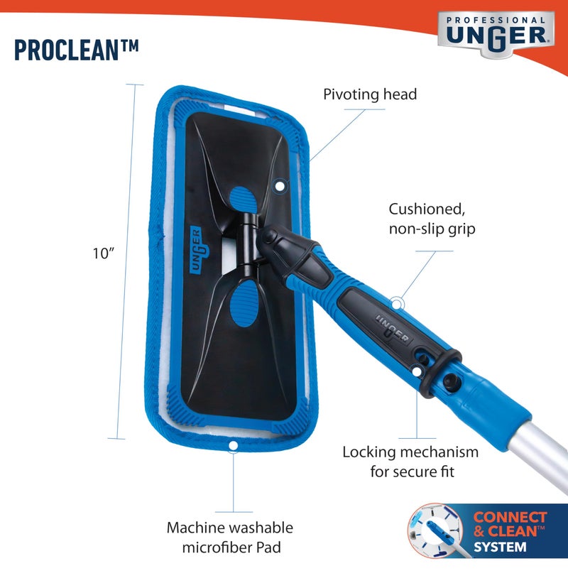 UNGER ProClean Connect and Clean Indoor Window Cleaning Kit, Washing Tool with Swivel Head for Tight Corners and Edges, Streak-Free Results on Glass and Mirrors, Reusable Microfiber Pads - Image 3