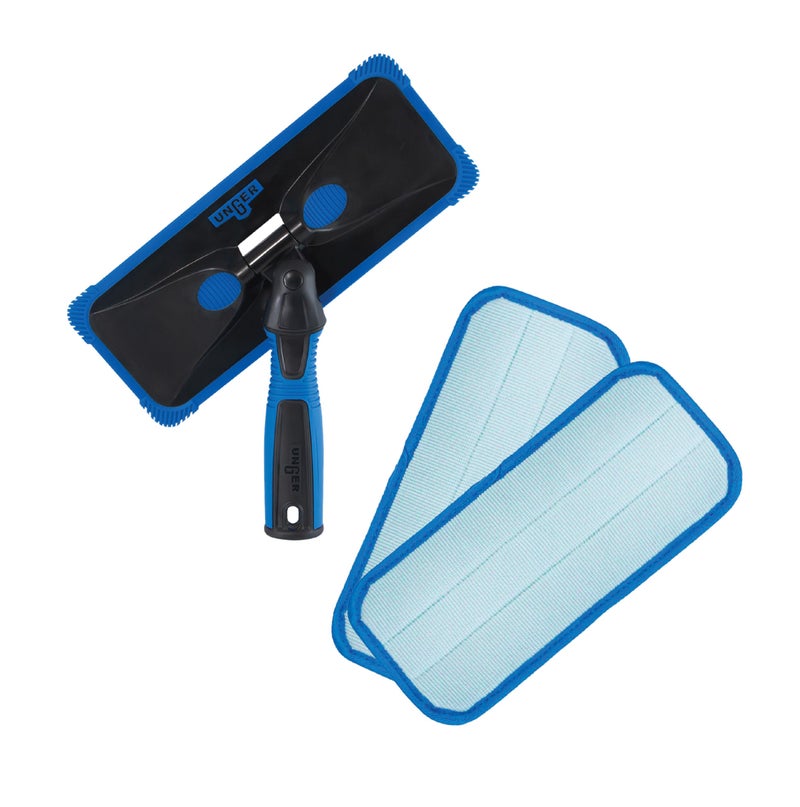 UNGER ProClean Connect and Clean Indoor Window Cleaning Kit, Washing Tool with Swivel Head for Tight Corners and Edges, Streak-Free Results on Glass and Mirrors, Reusable Microfiber Pads - Image 1