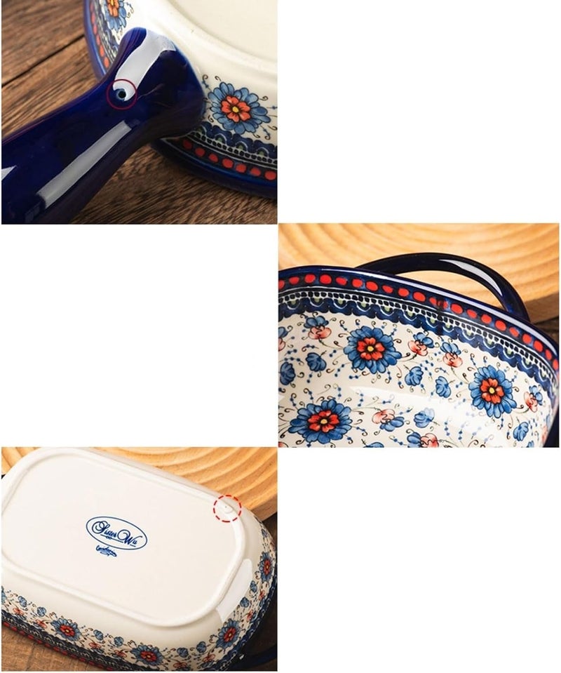 Roaster Vintage Ceramic Baking Dish Household Handle Bowl Tableware Creative Double Ear Bowl Soup Bowl Salad Plate roasting pan(16.3cm) - Image 3