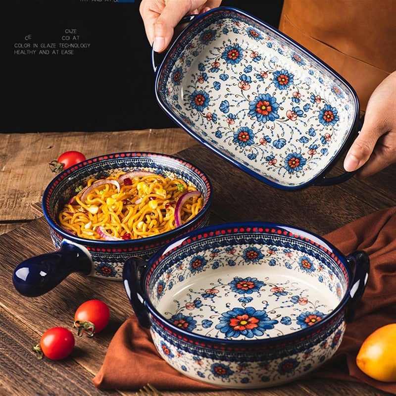 Roaster Vintage Ceramic Baking Dish Household Handle Bowl Tableware Creative Double Ear Bowl Soup Bowl Salad Plate roasting pan(16.3cm) - Image 5