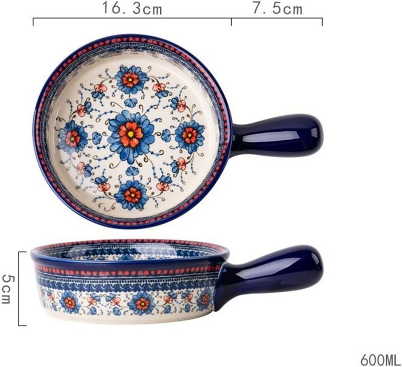 Roaster Vintage Ceramic Baking Dish Household Handle Bowl Tableware Creative Double Ear Bowl Soup Bowl Salad Plate roasting pan(16.3cm) - Image 2