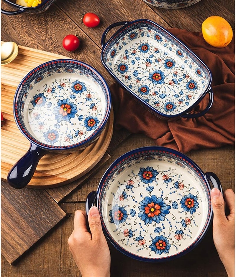 Roaster Vintage Ceramic Baking Dish Household Handle Bowl Tableware Creative Double Ear Bowl Soup Bowl Salad Plate roasting pan(16.3cm) - Image 4