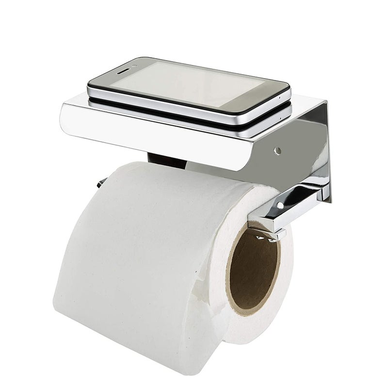 BLEQYS Stainless Steel Toilet Paper Holder with Mobile Stand Wall Mounted Tissue Paper Holder with Shelf Brushed Stainless Steel No Drill Tissue Roll Holder Bathroom - Image 2