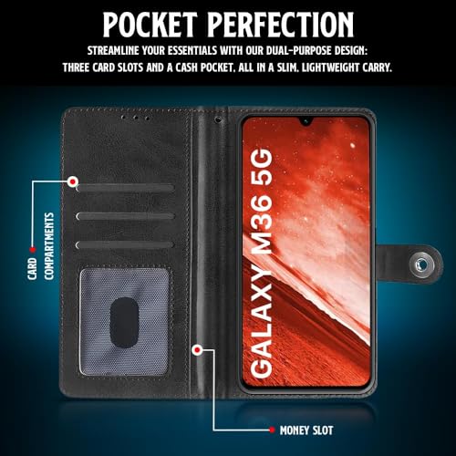 WOW IMAGINE Shock Proof Flip Cover Back Case for Samsung Galaxy M36 5G | Samsung Galaxy F36 5G (Designer Magnetic Button Flip Case | Inbuilt Wallet Pockets & Stand | Leather Finish | Haze Black) - Image 3