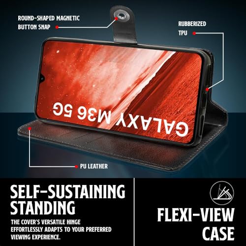 WOW IMAGINE Shock Proof Flip Cover Back Case for Samsung Galaxy M36 5G | Samsung Galaxy F36 5G (Designer Magnetic Button Flip Case | Inbuilt Wallet Pockets & Stand | Leather Finish | Haze Black) - Image 5