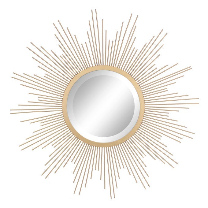 ROUND 23 ANTIQUE GOLD METAL STARBURST HANGING WALL MIRROR WITH ATTACHED MOUNTING BRACKET DECORATIVE DECOR FOR THE LIVING ROOM BEDROOM BATHROOM HALLWAY AND ENTRYWAY