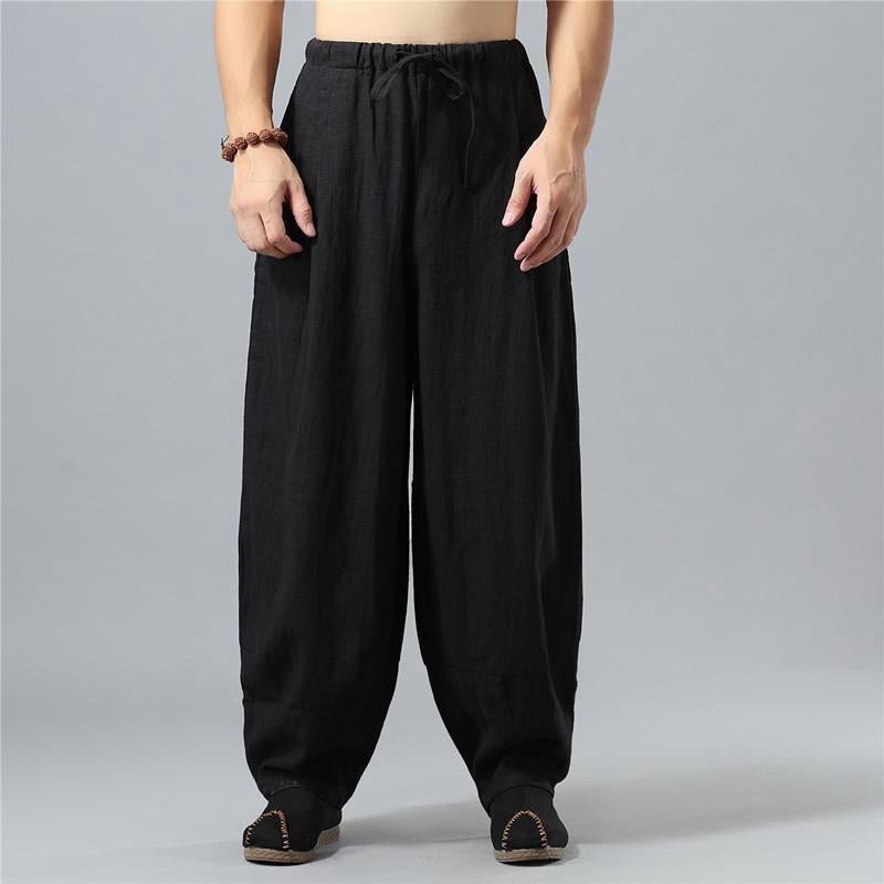 Summer Cotton Linen Mens Loose Wide Leg Pants Black  - Image 2