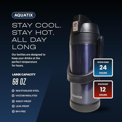 Aquatix Double Wall Insulated Extra Large XL Stainless Steel Sport thermos Bottle 68 ounce Midnight Blue - Image 2