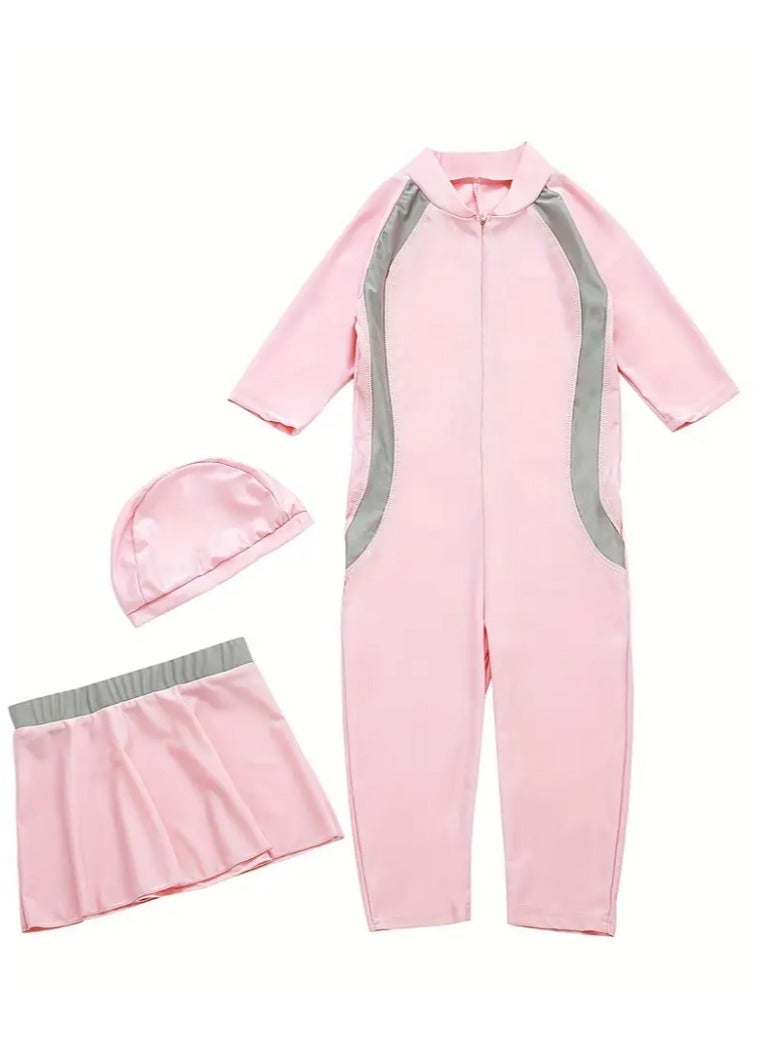 3pcs Girls Modest Swimwear Set - Full Coverage Swimsuit with Hat & Skirt, UV Protection Quick-Dry for Beach Vacation (4-12Y) - Image 4