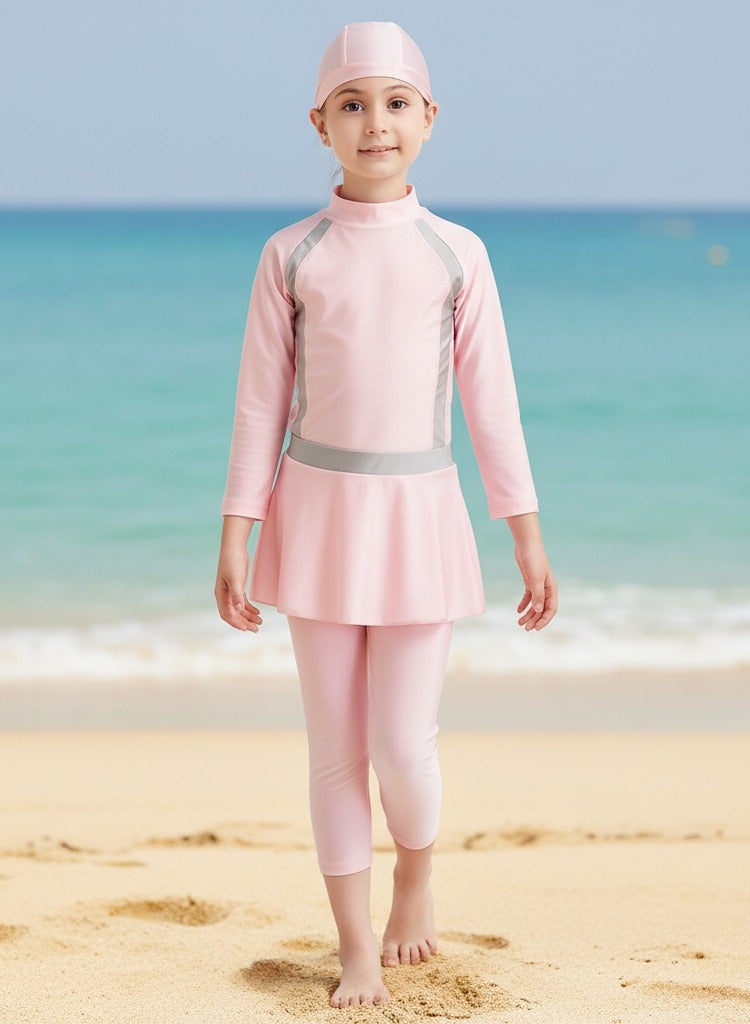 3pcs Girls Modest Swimwear Set - Full Coverage Swimsuit with Hat & Skirt, UV Protection Quick-Dry for Beach Vacation (4-12Y) - Image 1