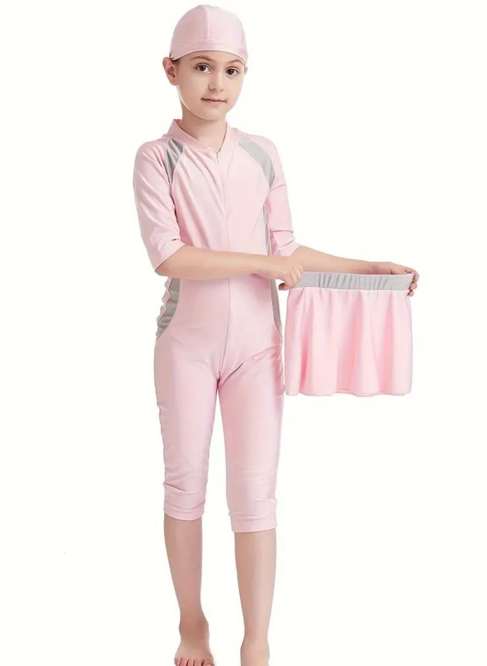 3pcs Girls Modest Swimwear Set - Full Coverage Swimsuit with Hat & Skirt, UV Protection Quick-Dry for Beach Vacation (4-12Y) - Image 2