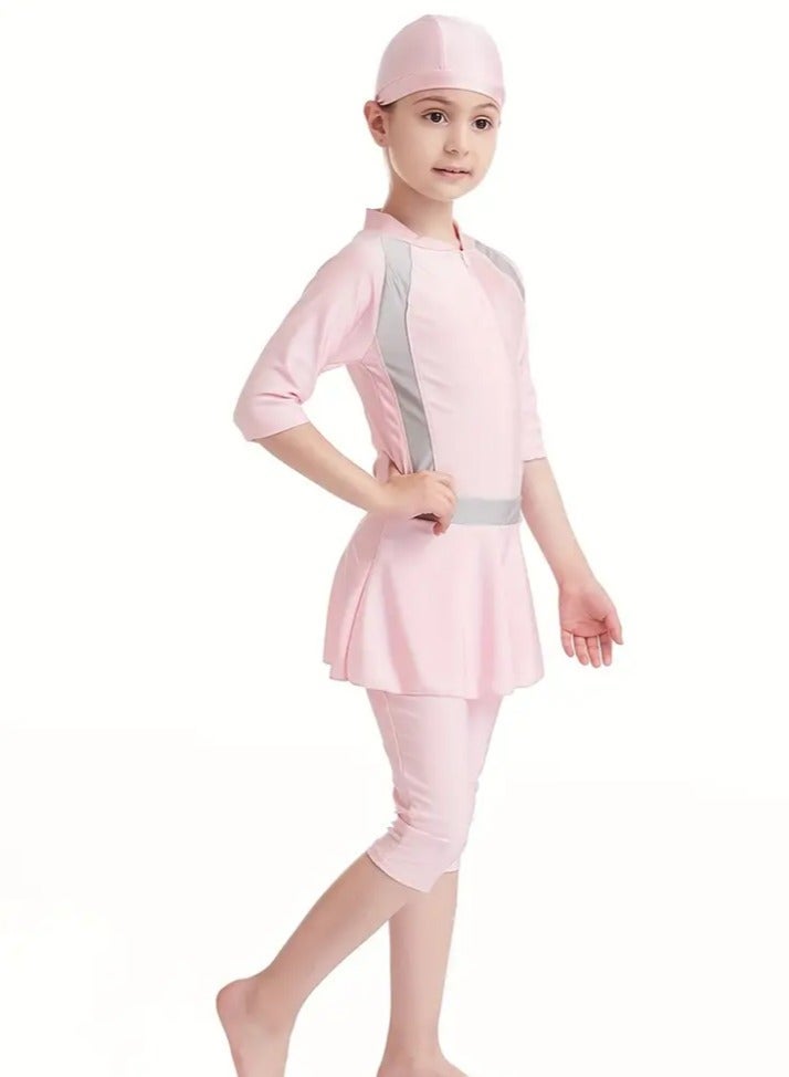 3pcs Girls Modest Swimwear Set - Full Coverage Swimsuit with Hat & Skirt, UV Protection Quick-Dry for Beach Vacation (4-12Y) - Image 5