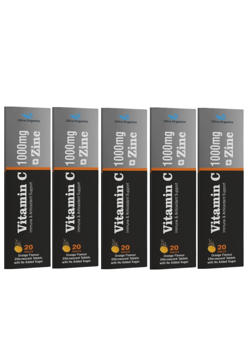 Olira Organics Vitamin C 1000mg With Zinc 10mg Effervescent 20 Tablets - Pack of 5 | Immune Supports and Antioxidant  - Image 1