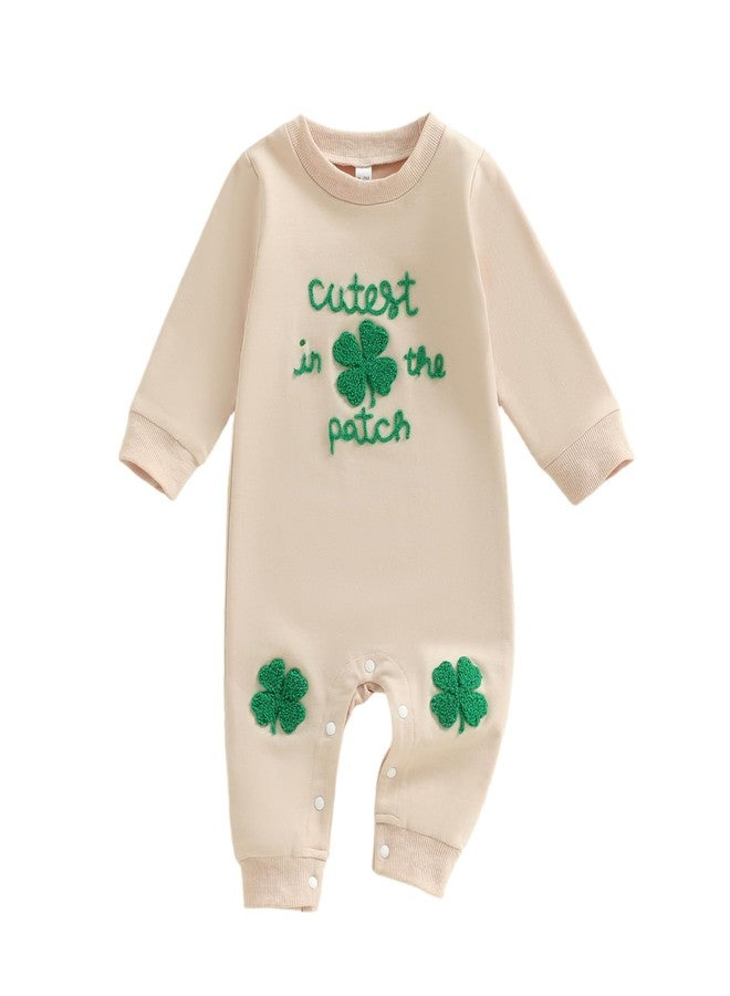 Mobbdow Newborn Infant Baby Boy Girl St Patricks Day Outfit Cutest Clover In the Patch Romper Bodysuit Long Sleeve Jumpsuit (A-Apricot, 3-6 Months) - Image 1
