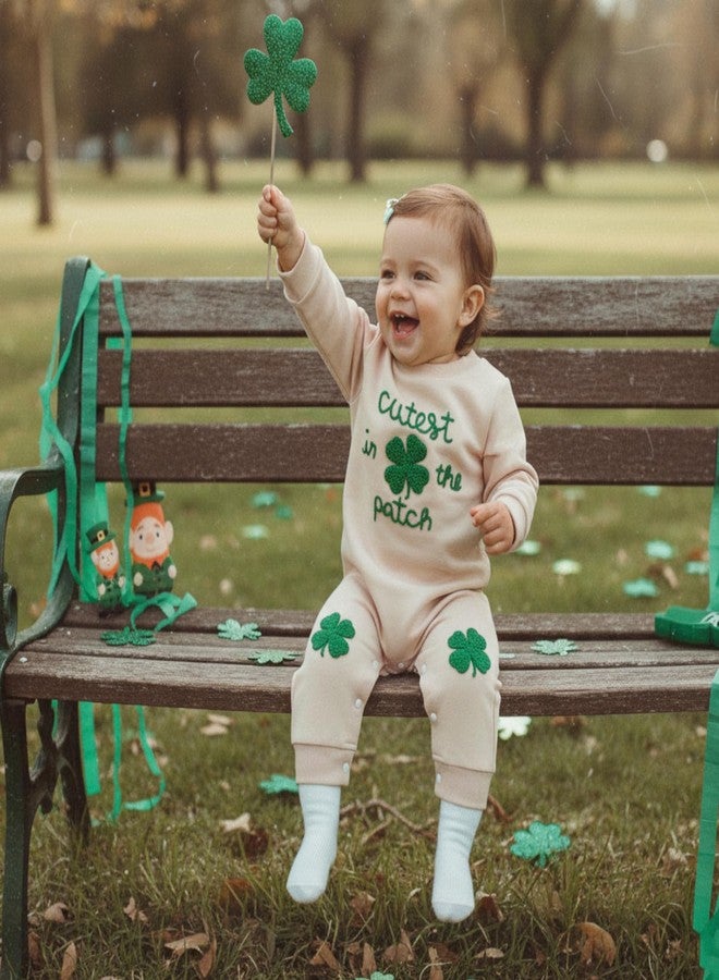 Mobbdow Newborn Infant Baby Boy Girl St Patricks Day Outfit Cutest Clover In the Patch Romper Bodysuit Long Sleeve Jumpsuit (A-Apricot, 3-6 Months) - Image 5