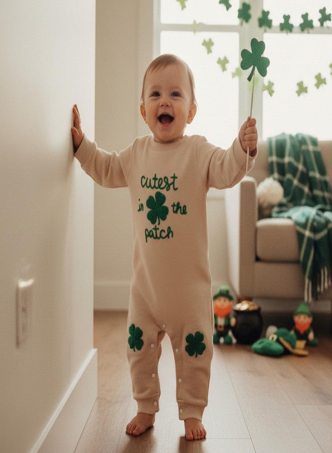 Mobbdow Newborn Infant Baby Boy Girl St Patricks Day Outfit Cutest Clover In the Patch Romper Bodysuit Long Sleeve Jumpsuit (A-Apricot, 3-6 Months) - Image 2